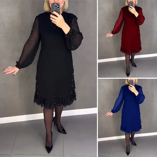 🔥Damenkleid mit Rundhalsausschnitt und einfarbigem Strass