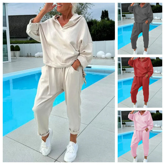Zweiteiliges Hoodie-Set für Damen in Volltonfarbe 【Oberteil + Hose】
