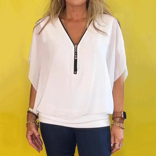 Lässiges Chiffon-Oberteil mit Reißverschluss am Kragen für Damen