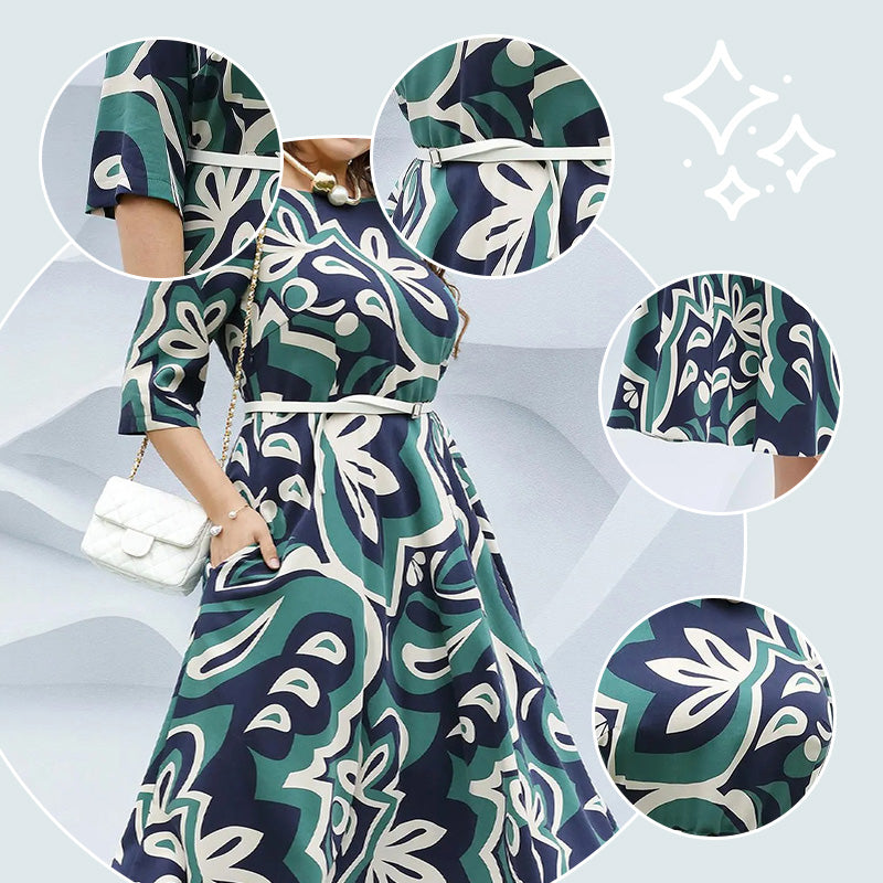 Modisches bedrucktes langes Kleid mit Rundhalsausschnitt und Gürtel