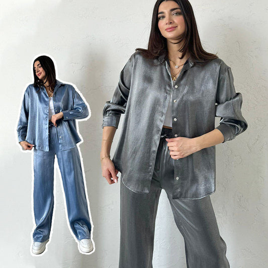 Trendy 2-teilige Outfits: ✨Glänzendes Hemd und Hose mit weitem Bein und hoher Taille