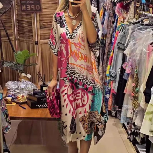 🎉2025 Neuheiten-Schnäppchen✨Damenkleid mit tiefem V-Ausschnitt und kurzen Ärmeln