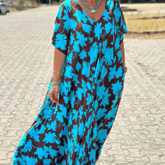Locker sitzendes, langes Kleid mit V-Ausschnitt und trendigem Print für Damen