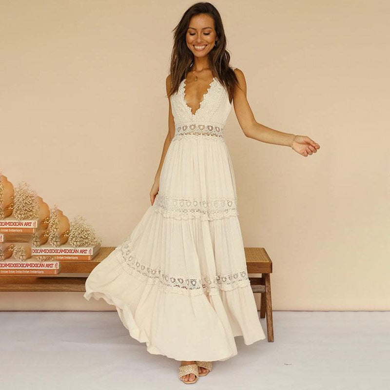 Maxikleid mit V-Ausschnitt und Spitzenrücken