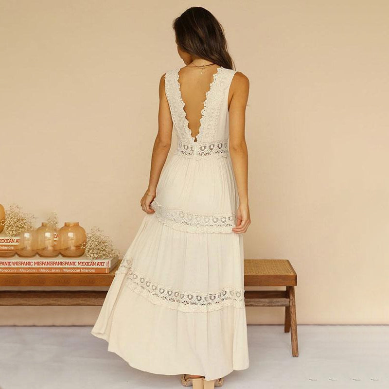 Maxikleid mit V-Ausschnitt und Spitzenrücken
