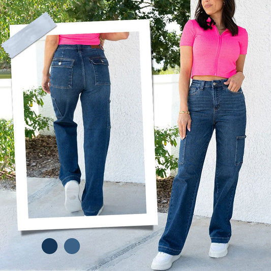 👖49% Rabatt!🏆High Rise Cargo Wide-Leg Stretch-Jeans für Damen