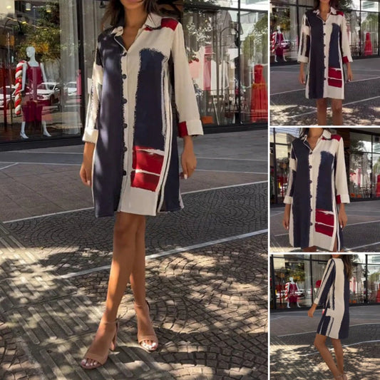 ✨Lässiges Damen-Hemdkleid mit Farbblockdesign und Knopfleiste vorne