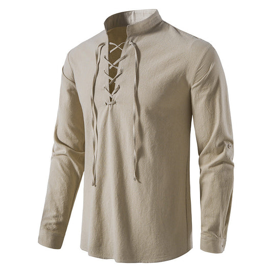 Herren-Henley-Shirt aus Baumwolle und Leinen mit hohem Kragen und langen Ärmeln