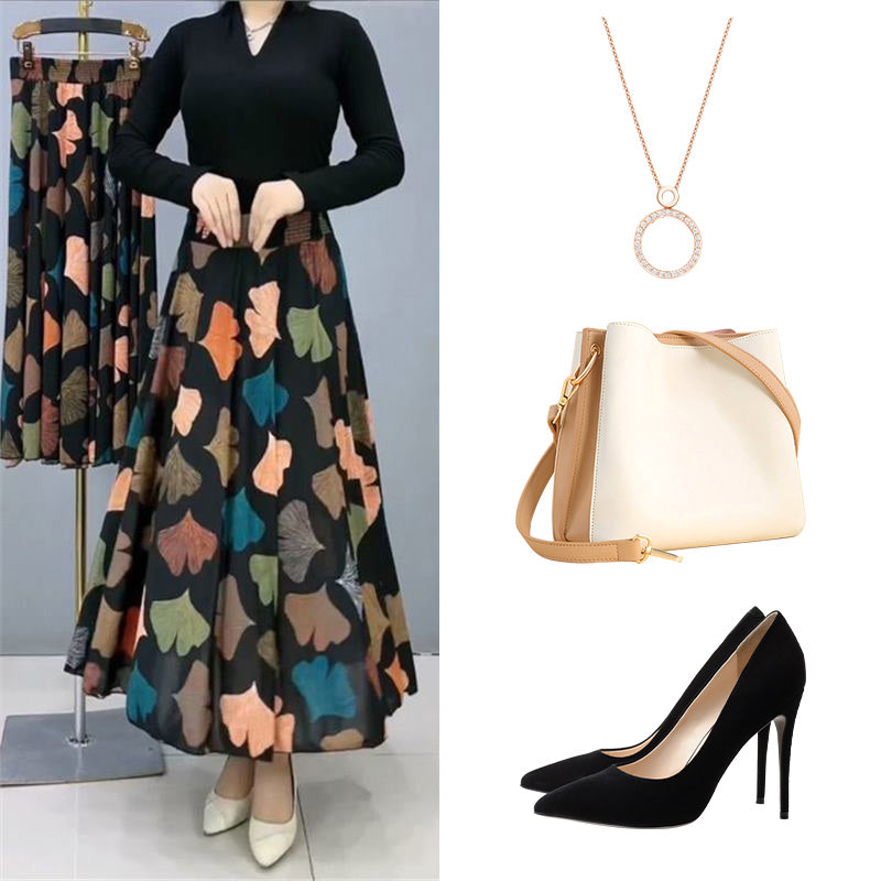 Modischer Damenrock mit hoher Taille und Blumenmuster, langer Faltenrock