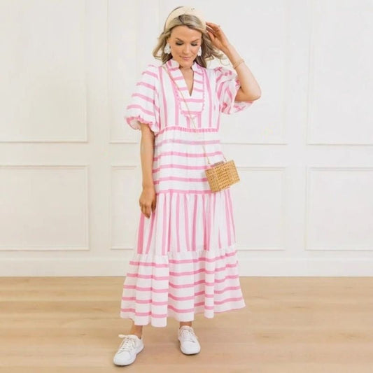 👗 Gestreiftes, lockeres, lässiges Kurzarmkleid für den Sommer für Damen