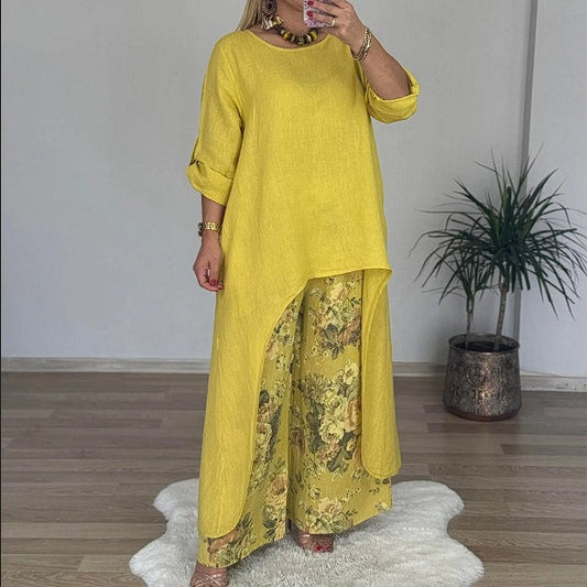 2-teiliges Set aus asymmetrischem Oberteil und bedruckter Hose für Damen