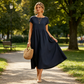 Modisches einfarbiges Baumwoll-Leinen-Kleid mit Taschen