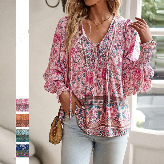 💖 Modisches, bedrucktes Langarmshirt mit V-Ausschnitt für Damen