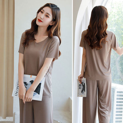 ✨Begrenztes Zeitangebot: 49% Rabatt💥Weiches und bequemes Ice Silk T-Shirt mit kurzen Ärmeln Zweiteiliges Set Lose Hose mit weitem Bein