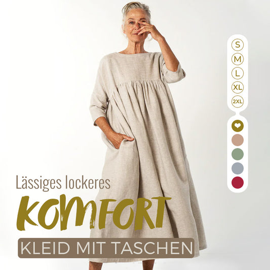 💃Lässiges, lockeres, einfarbiges Damenkleid mit Rundhalsausschnitt, 3/4-Ärmeln und Taschen