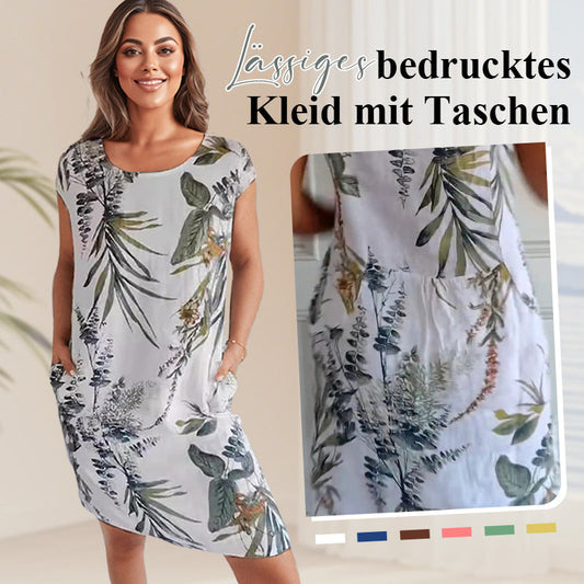 🌷56% RABATT❤️‍🔥Bedrucktes Kleid mit Rundhalsausschnitt aus Baumwolle und Leinen für Frauen
