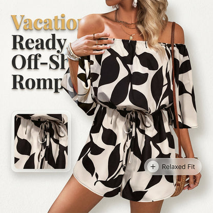 💃 Wochenangebot: 49% sparen! Französischer Off-Shoulder Shorts Jumpsuit – Abstraktes Blattmuster & Kordelzug – Perfekt für entspannte Sommertage