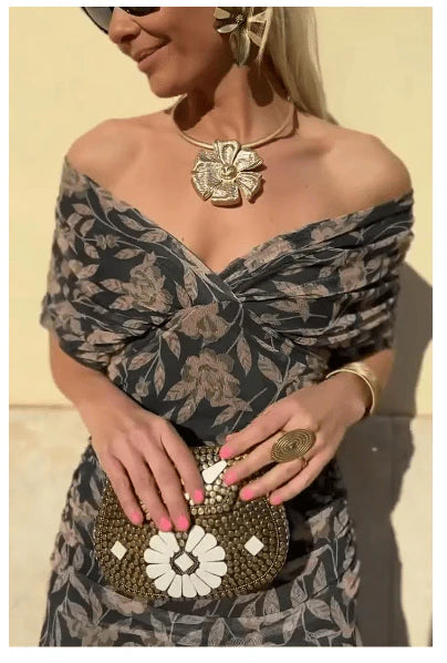 🌼Schulterfreies, bedrucktes Kleid mit V-Ausschnitt für Damen