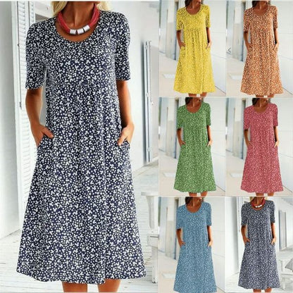 🎁2025 Neu 🎁Lässiges Blumenkleid mit Rundhalsausschnitt für Damen