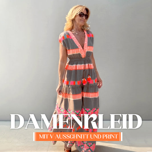 Lässiges Damen V-Ausschnitt Vintage Streifenmuster Ärmelloses Kleid