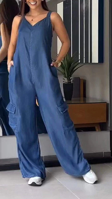 ✨️💙HERVORRAGENDER SALE: 49 % RABATT✨️💙Dünner Jumpsuit mit Cargo-Tasche und V-Ausschnitt aus Denim