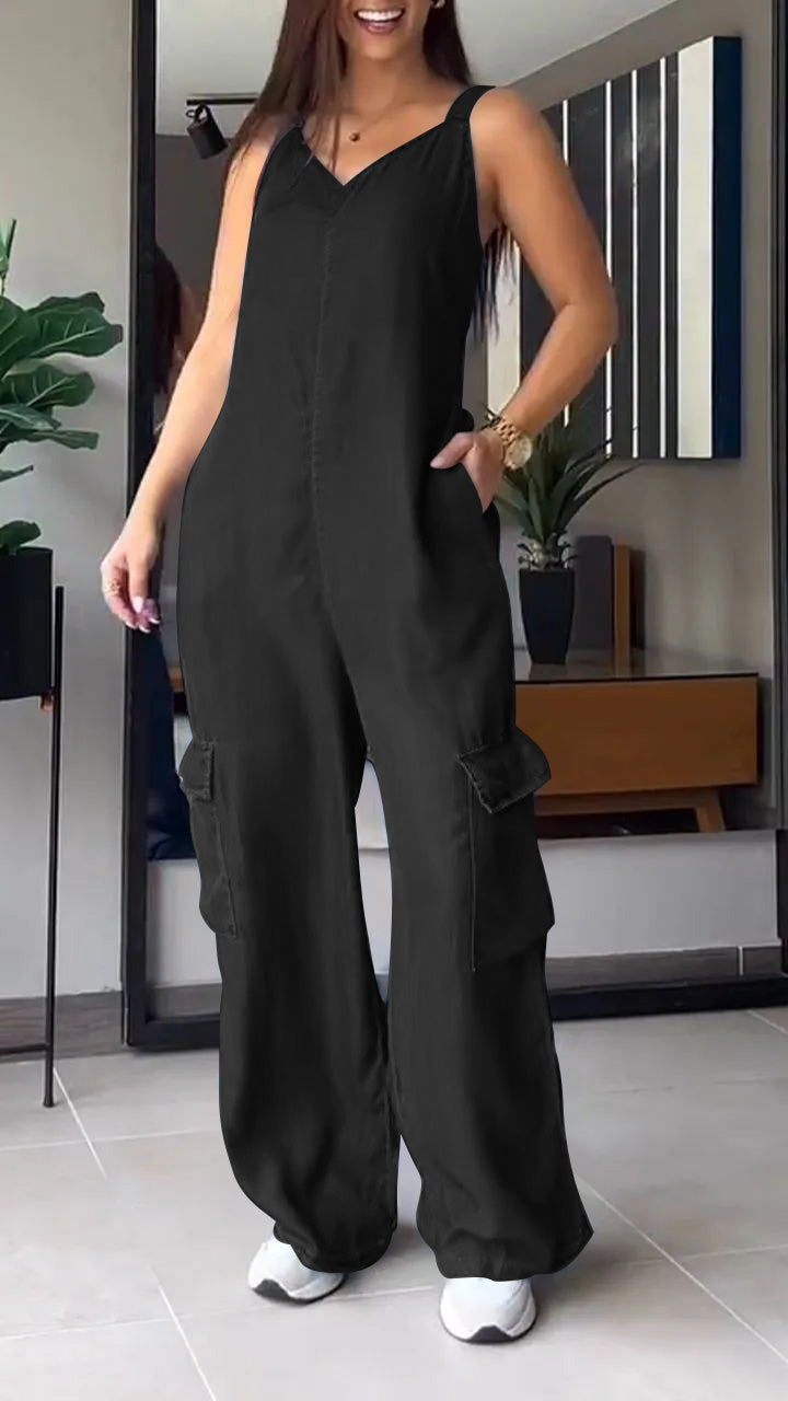 ✨️💙HERVORRAGENDER SALE: 49 % RABATT✨️💙Dünner Jumpsuit mit Cargo-Tasche und V-Ausschnitt aus Denim