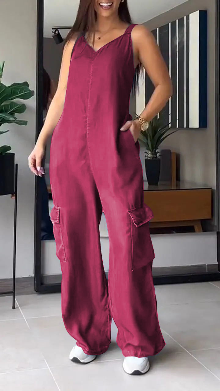 ✨️💙HERVORRAGENDER SALE: 49 % RABATT✨️💙Dünner Jumpsuit mit Cargo-Tasche und V-Ausschnitt aus Denim