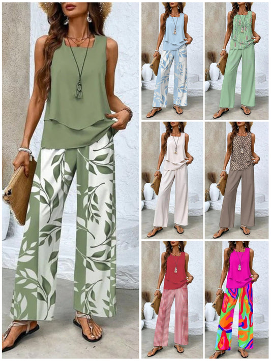 🔥 Heißer Verkauf 49% RABATT🌺Trendiges 2-teiliges Print-Outfit für Damen, ärmelloses Oberteil und Hose