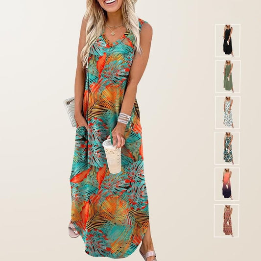 💥Halbpreis-Ausverkauf🔥👗🌊 Damen Sommerkleid – Locker, Ärmellos, V-Ausschnitt mit Taschen, Ideal für Strand & Freizeit