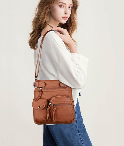 Multi-Pocket Crossbody Bag Soft Leather Shoulder Purse Bag