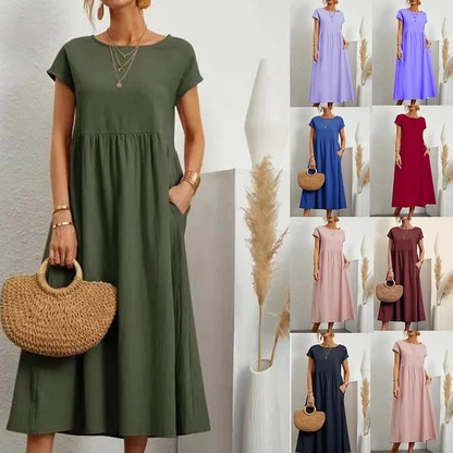 Modisches einfarbiges Baumwoll-Leinen-Kleid mit Taschen