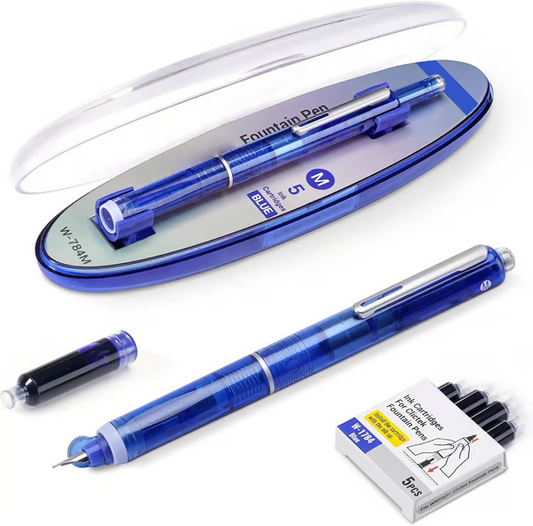 Füllfederhalter, einziehbar: 0,38 mm, blaue und schwarze Tinte, transparenter Schaft, inkl. 5 nachfüllbaren Tintenpatronen