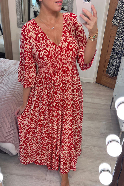 Bohemian Casual Print V-Ausschnitt Langes Kleid