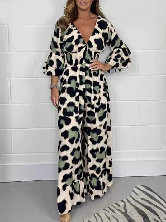 🔥Schneller Verkauf 49% Rabatt🍃Jumpsuit mit V-Ausschnitt und Leopardenmuster