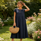 Modisches einfarbiges Baumwoll-Leinen-Kleid mit Taschen