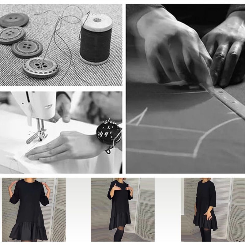 Lockeres, plissiertes, elegantes schwarzes Kleid mit siebenzackigen Ärmeln