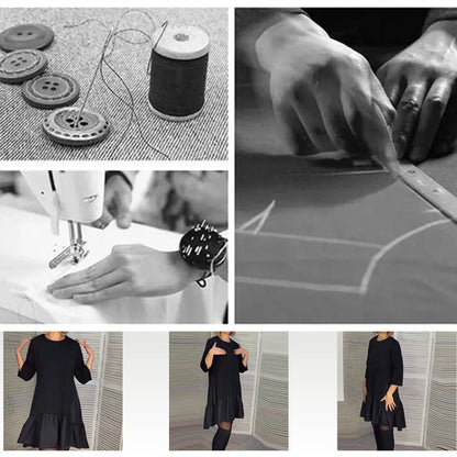 Lockeres, plissiertes, elegantes schwarzes Kleid mit siebenzackigen Ärmeln