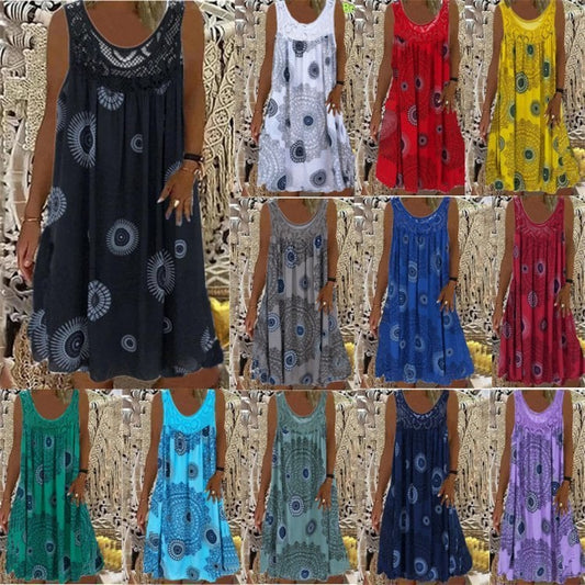 💥Kaufen Sie 2 versandkostenfrei💥Damen-Sommerkleid mit O-Ausschnitt und ärmellosem Print