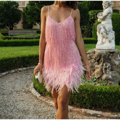 ✨🪩 Damenkleid mit Federfransen, Pailletten und Spaghettiträgern🥂
