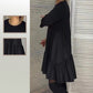 Lockeres, plissiertes, elegantes schwarzes Kleid mit siebenzackigen Ärmeln