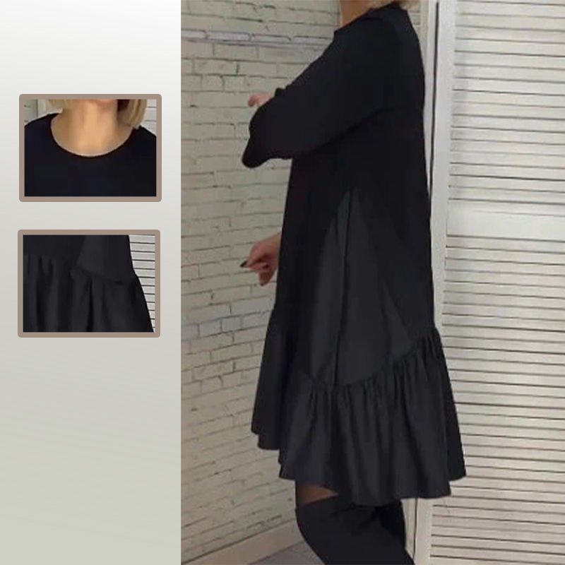 Lockeres, plissiertes, elegantes schwarzes Kleid mit siebenzackigen Ärmeln