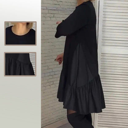 Lockeres, plissiertes, elegantes schwarzes Kleid mit siebenzackigen Ärmeln