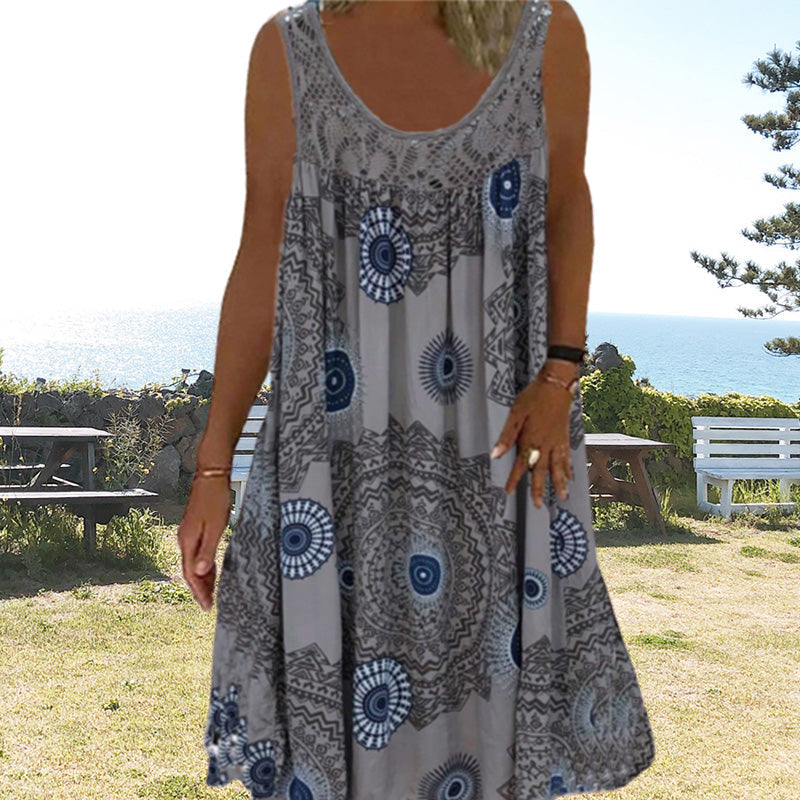 💥Kaufen Sie 2 versandkostenfrei💥Damen-Sommerkleid mit O-Ausschnitt und ärmellosem Print