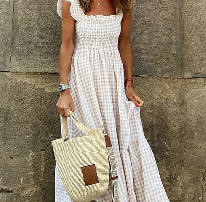 💎49% Rabatt🌸 Mehrfarbiges Maxikleid mit gesmokten Büsten und Karomuster🌷Die sanften Farben des Sommers werden Ihr Outfit verschönern