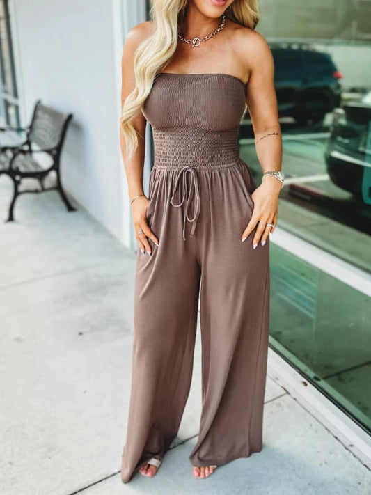 🔥Schulterfreier, einfarbiger, gesmokten Jumpsuit