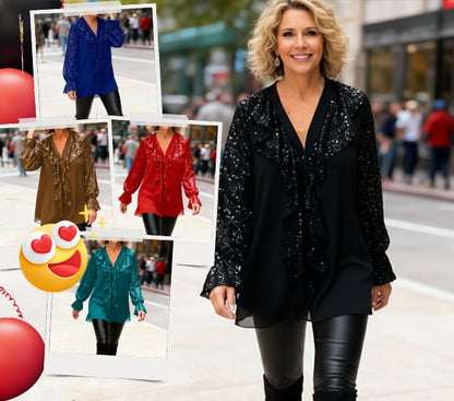 🎅 Festliche Vorratssale💥💃Langärmliges Chiffon-Shirt mit V-Ausschnitt und Pailletten für Damen🎁