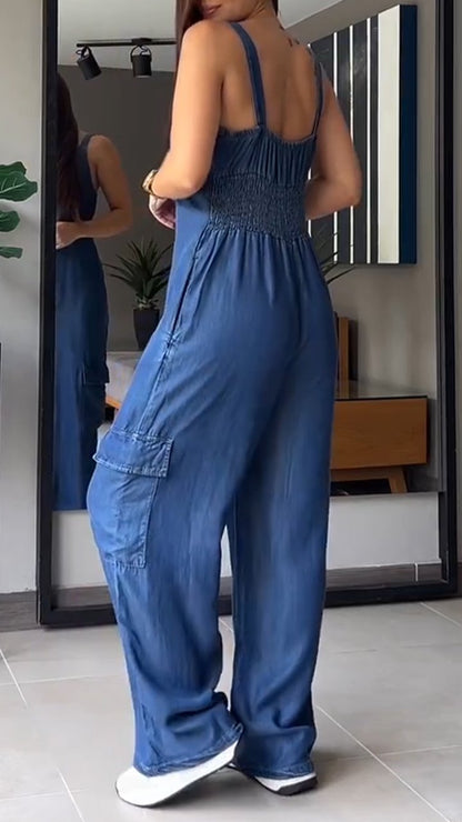 ✨️💙HERVORRAGENDER SALE: 49 % RABATT✨️💙Dünner Jumpsuit mit Cargo-Tasche und V-Ausschnitt aus Denim