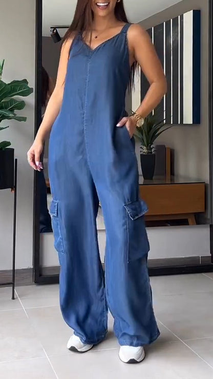 ✨️💙HERVORRAGENDER SALE: 49 % RABATT✨️💙Dünner Jumpsuit mit Cargo-Tasche und V-Ausschnitt aus Denim