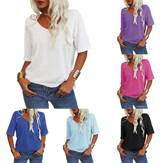 💖Sommerschlussverkauf 2025 – 49% RABATT💥Einfarbiges T-Shirt mit V-Ausschnitt für Damen