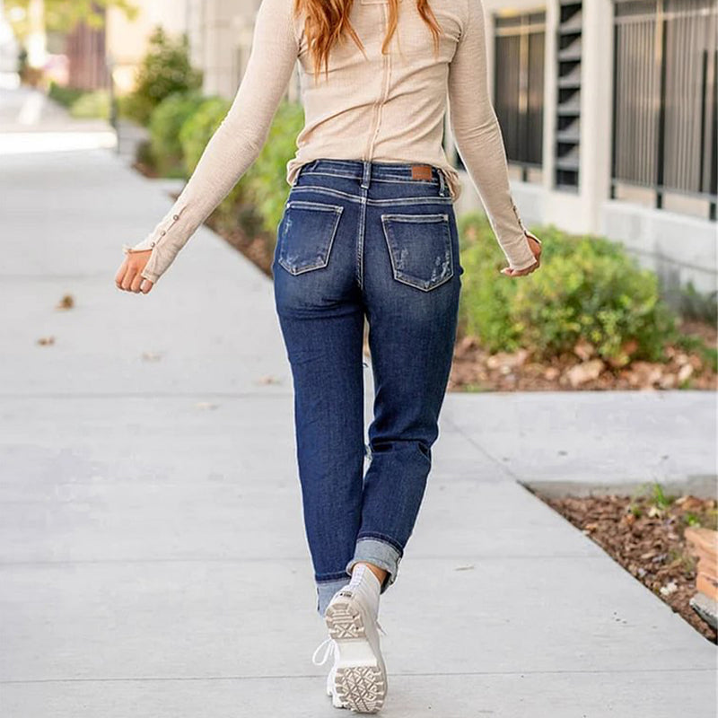 🔥Heißer Ausverkauf 49% Rabatt🔥Bauchkontrollierende, zerrissene Boyfriendjeans mit Bündchen für Damen